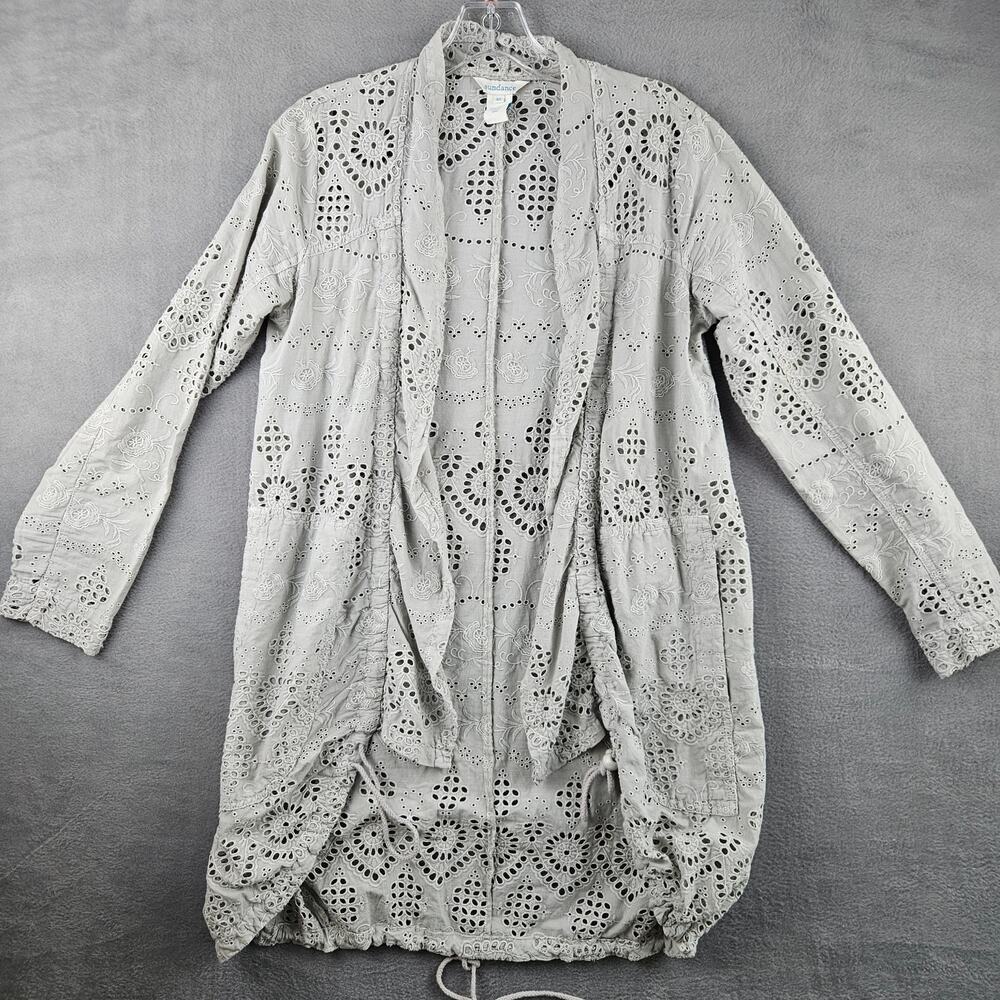 Sundance Gray‎ Eyelet Embroidered Long Duster Cardigan Boho Cottagecore XS